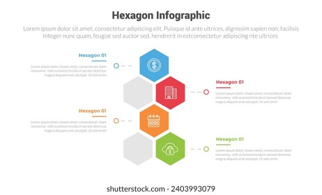 hexagon or hexagonal honeycombs shape infographics template diagram with vertical stack structure with 4 point step creative design for slide presentation