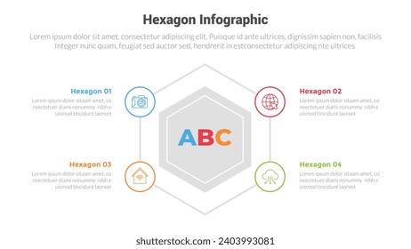 hexagon or hexagonal honeycombs shape infographics template diagram with cycle circular with outline circle center with 4 point step creative design for slide presentation