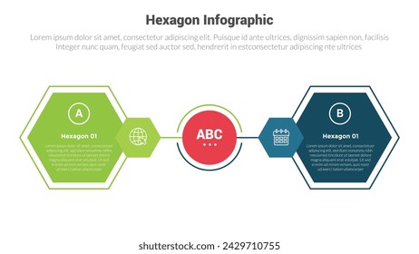 hexagon or hexagonal honeycombs shape infographics template diagram with comparison opposite with 2 point step creative design for slide presentation