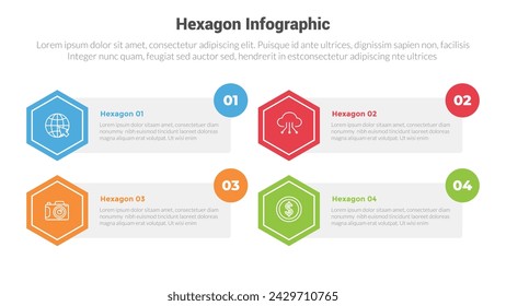 hexágono o hexagonal panal forma infografía plantilla diagrama con rectángulo caja e insignia de círculo con 4 puntos paso creativo diseño para presentación de diapositivas