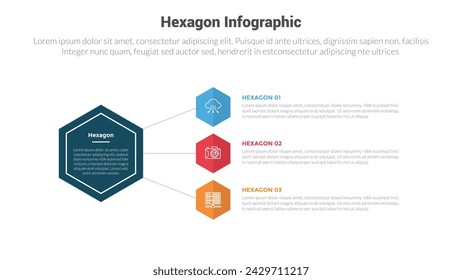 hexagon or hexagonal honeycombs shape infographics template diagram with linked line stack container with 3 point step creative design for slide presentation