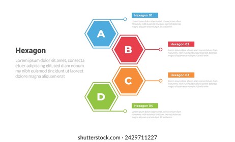 hexagon or hexagonal honeycombs shape infographics template diagram with outline stack and line direction with 4 point step creative design for slide presentation