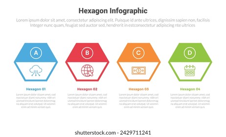 hexagon or hexagonal honeycombs shape infographics template diagram with outline shape with strong header on horizontal direction with 4 point step creative design for slide presentation