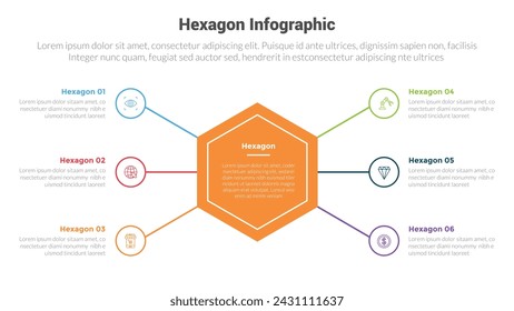 diagrama de plantilla de infografía de forma hexagonal o panal hexagonal con centro de forma principal con línea de contorno vinculada con diseño creativo de 6 pasos de punto para presentación de diapositivas