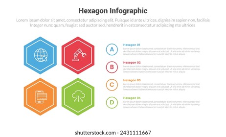 hexagon or hexagonal honeycombs shape infographics template diagram with square shape structure with 4 point step creative design for slide presentation
