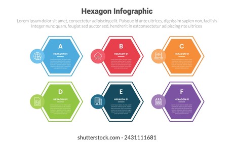 Sechseckige oder sechseckige Waben Form Infografik Schablonendiagramm mit Umriss Stil und Kreis Abzeichen mit 6 Punkt Schritt Kreatives Design für Diapräsentation