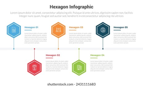 hexagon or hexagonal honeycombs shape infographics template diagram timeline horizontal up and down with with 5 point step creative design for slide presentation