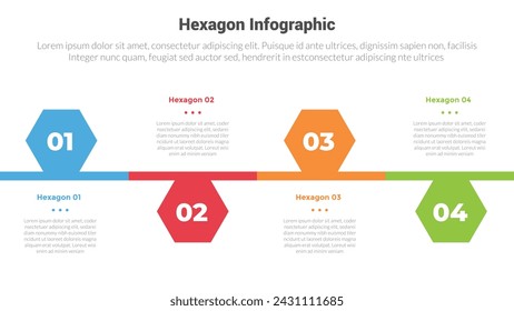 hexagon or hexagonal honeycombs shape infographics template diagram with timeline up and down with 4 point step creative design for slide presentation