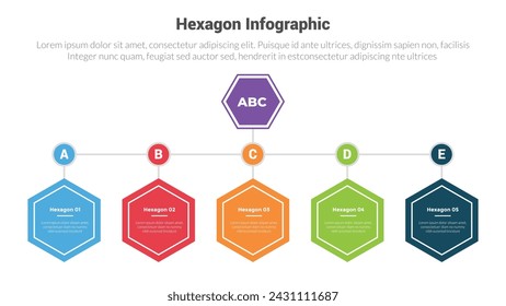 diagrama de plantilla de infografía de forma hexagonal o panal de abejas hexagonal con modelo jerárquico de línea de tiempo horizontal con diseño creativo de 5 pasos de punto para presentación de diapositivas