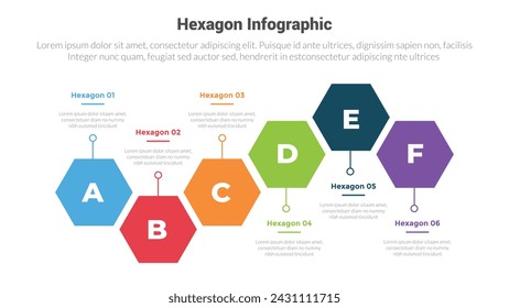 diagrama de plantilla de infografía de forma hexagonal o panal hexagonal con línea de tiempo horizontal arriba y abajo con diseño creativo de 6 pasos de punto para presentación de diapositivas