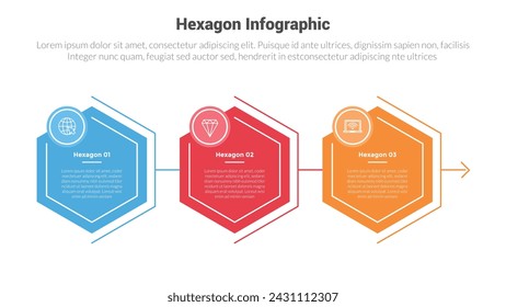 Sechseckige oder sechseckige Waben Form Infografik Schablonendiagramm mit horizontalem Umriss und Kreis Abzeichen mit 3 Punkt Schritt Kreatives Design für Diapräsentation