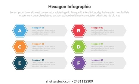 diagrama de plantilla de infografía de forma hexagonal o panal hexagonal con contenedor hexagonal largo con diseño creativo de 6 pasos para presentación de diapositivas