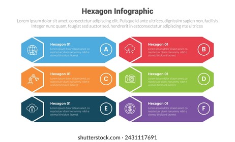 diagrama de plantilla de infografía de forma hexagonal o panal hexagonal con pila de contenedor de caja creativa con diseño creativo de 6 pasos para presentación de diapositivas