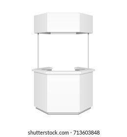 Hexagon, Hexagonal POS POI Blank Empty Retail Stand Stall Bar Display With Canopy, Banner. On White Background Isolated. Mock Up Template Ready For Your Design. Product Advertising Vector EPS10