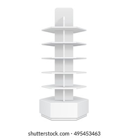Hexagon, Hexagonal POS POI Cardboard Floor Display Rack For Supermarket Blank Empty. Mock Up On White Background Isolated. Ready For Your Design. Product Advertising. Vector EPS10
