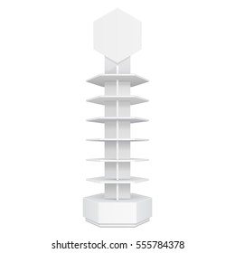Hexagon, Hexagonal POS POI Cardboard Floor Display Rack For Supermarket Blank Empty. Mock Up. Illustration Isolated On White Background. Ready For Your Design. Product Advertising. Vector EPS10