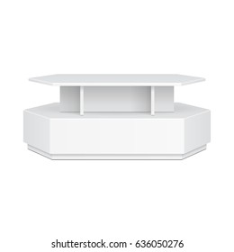 Hexagon, Hexagonal POS POI Cardboard Floor Display Rack For Supermarket Blank Empty. Mock Up. Illustration Isolated On White Background. Ready For Your Design. Product Advertising. Vector EPS10