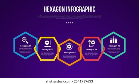 hexagon or hexagonal six sided polygon template infographic with hexagon chain on horizontal direction with 5 point with dark style for slide presentation vector