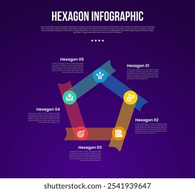 Infografía hexagonal o hexagonal de Plantilla de polígono de seis lados con rectángulo largo separado unido en el borde circular con 5 puntos con estilo oscuro para el Vector de presentación de diapositivas