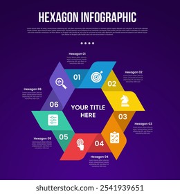 infográfico de modelo de polígono hexágono ou hexágono de seis lados com forma de ventilador nítida na base circular do ciclo com 6 pontos com estilo escuro para o vetor de apresentação de slide