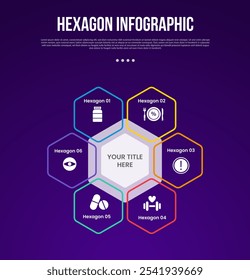 Infografía hexagonal o hexagonal de Plantilla de polígonos de seis lados con ciclo hexagonal circular con equilibrio y estructura simétrica con 6 puntos con estilo oscuro para Vector de presentación de diapositivas