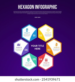 hexagon or hexagonal six sided polygon template infographic with creative structure combination with 6 point with dark style for slide presentation vector