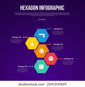 Infografía hexagonal o hexagonal de Plantilla de polígono de seis lados con rompecabezas en dirección de Vertical con línea de puntos Descripción con 5 puntos con estilo oscuro para presentación de diapositivas Vector