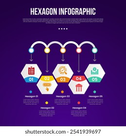 hexagon or hexagonal six sided polygon template infographic with up and down with arrow direction from top with 5 point with dark style for slide presentation vector