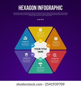 infográfico de modelo de polígono hexágono ou hexágono de seis lados com componente triângulo na base do centro do círculo com 6 pontos com estilo escuro para vetor de apresentação de slide