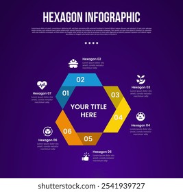 infográfico de modelo de polígono hexágono ou hexágono de seis lados com fita virada criativa com borda afiada com 6 pontos com estilo escuro para vetor de apresentação de slides