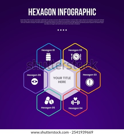 hexagon or hexagonal six sided polygon template infographic with hexagon cycle circular with balance and symmetric structure with 6 point with dark style for slide presentation vector