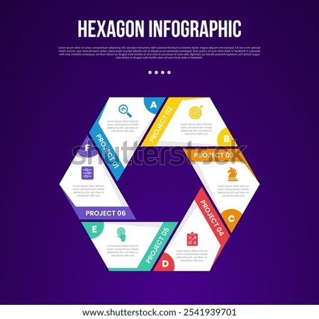 hexagon or hexagonal six sided polygon template infographic with creative slice separate shape on cycle circular with 6 point with dark style for slide presentation vector