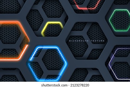 Hexagon-Loch-Dimension schwarzer Hintergrund mit buntem Neonhellrochen