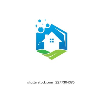 Hexagon Home Cleaning Service Logo Concept symbol sign icon Element Design. Bubble, House, Leaf, Plumber, Plumbing Logotype. Vector illustration template