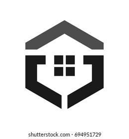 hexagon and home symbol. vector logo.