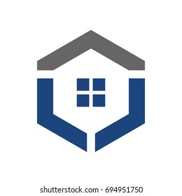 hexagon and home symbol. vector logo.