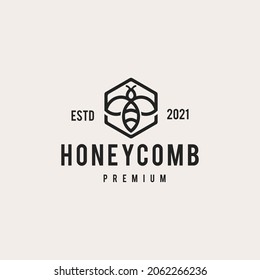 Hexagon honeycomb logo label with bee in the middle, wild bee. Beekeeping badge brand identity template vector illustration