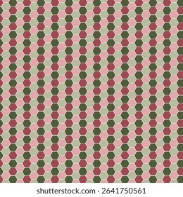 Hexagon honeycomb pattern in pink, sage, and burgundy. Seamless retro tile background with pastel tones