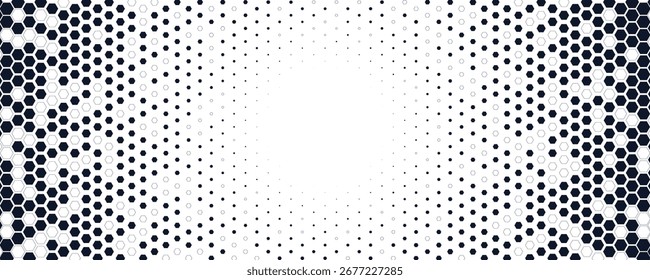 Las Formas de panal hexagonal forman un patrón de semitono degradado que irradia hacia el centro, creando un fondo geométrico futurista abstracto. Ilustración vectorial