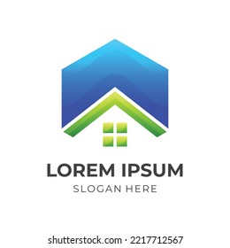 hexagon house logo design with 3d green and blue color style