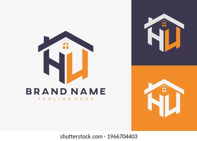 logotipo de monograma de HU hexagón para propiedades inmobiliarias, propiedades, identidad empresarial de construcción. inicial de color con forma de cuadro con iconos favoritos plantilla gráfica vectorial.