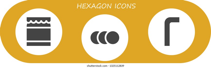 hexagon icon set. 3 filled hexagon icons.  Collection Of - Honey, Balls, Allen keys