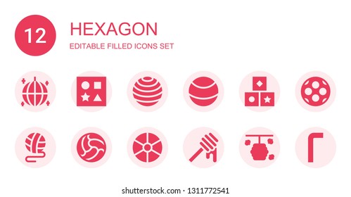 hexagon icon set. Collection of 12 filled hexagon icons included Ball, Shapes, Honey, Hive, Allen keys