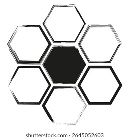 Hexagon icon shape. Dark center element. Geometric cell pattern. Vector honeycomb form.