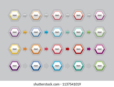 Hexagon icons for writing text. Button icons for various colors for writing. Diagram icons in different colors. Icon for jelly and transparent border feeling.