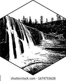 hexagon, illustration art, forest and waterfall, black and white for print, T shirt screen printing, t shirt, t shirt design, screen printing, screen print 