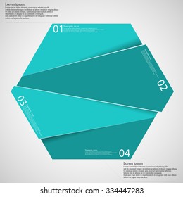 Hexagon illustration infographic template which is randomly divided to four blue parts. Each part has space for own text according customer needs. Background is light.