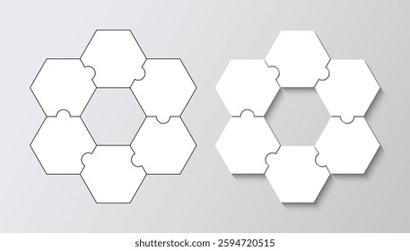 Hexagon info graphic with 6 steps of process diagram. Puzzle business presentation infographic with pieces, parts. Jigsaw hexagonal grid. Business presentation for infographics. Vector illustration