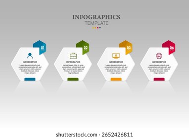 Hexagon infographic. 4 steps square timeline milestone graphic, presentation banner concept. Vector options workflow infographic
