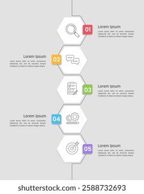 Hexagon infographic with 5 numbers in vertical orientation. Presentation, Banner, Plan, Brochure and Strategy. Vector illustration.